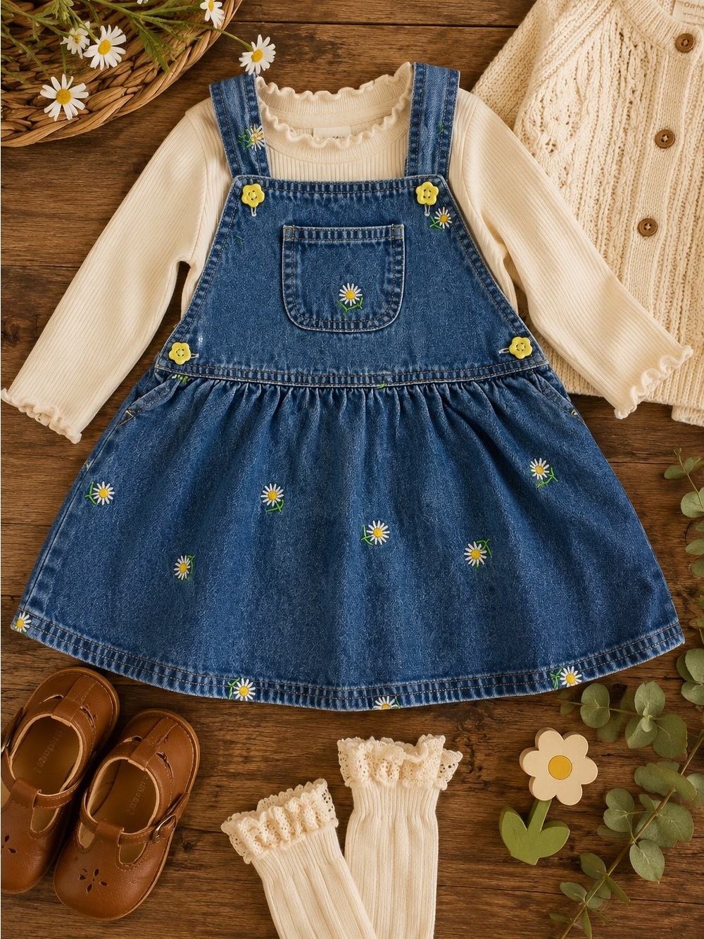 Denim Daisy Embroidered Jumper Dress 24M Cottagecore Toddler